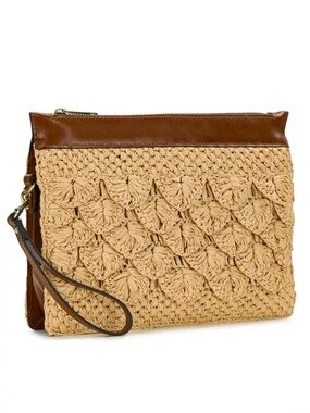 Patricia Nash Tan Woven Straw Scallop Wristlet Clutch with Brown Leather Trim
